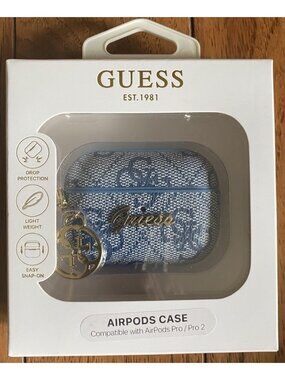 GUESS AirPods Pro Pro 2 Case Blue Denim Monogram Gold Logo Charm Snap-On